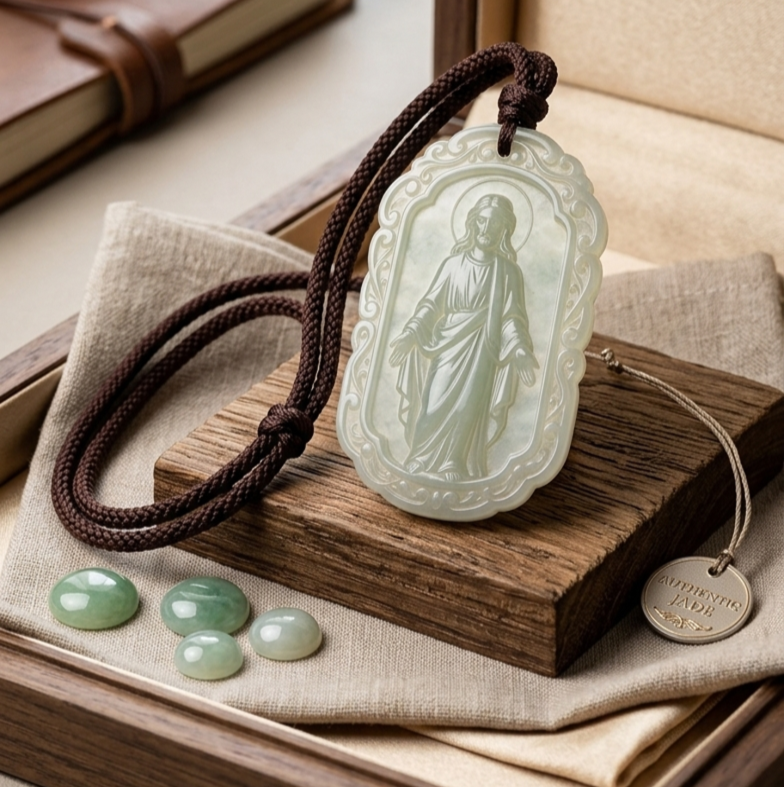 Hand-Carved Natural Jade Jesus Pendant Necklace - 100% Certified Type A Jadeite⁠